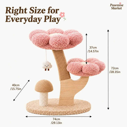 28.35-Inch Flower Cat Tree for Indoor Cats, 2-Tier Pink Plush Cat Tower with Sisal Scratching Post, Mushroom Scratcher and Hanging Cloud Toy, Compact Activity Center for Kittens and Small Cats