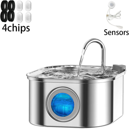 3.2 Stainless Steel L Pet Water Fountain with LED Indicator and Visual Water Level to Keep Cats and Small Dogs’ Water Fresh