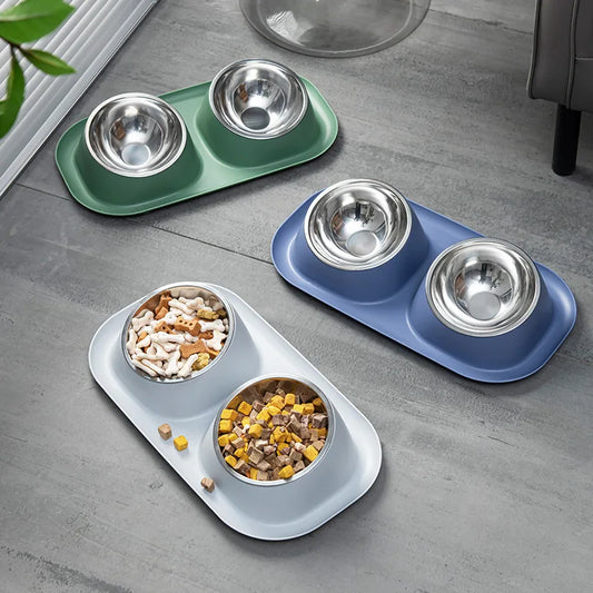 Stainless Steel Pet Bowl Anti-Spill Double Bowl for Dogs Cats Non-Slip Base Raised Design Durable Easy Clean Food Water Dish - Bdba PK