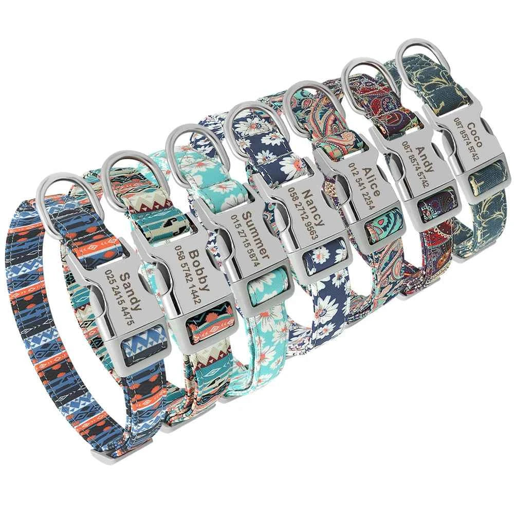 Personalized Engraved Dog Collar Nylon Floral Pet Puppy Collar Print Custom Pet Necklace for Small Medium Large Dogs Pitbull Pug