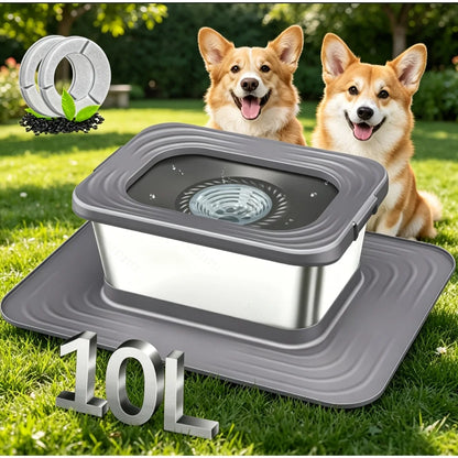 2.64gal Stainless Steel Dog Water Bowl, No Spill Anti-Splash Dog Bowls with XXL Mat, Spill-Proof Slow Feeder for Messy Drinkers, Heavy Duty Pet Bowls for Indoor/Outdoor Use, Black