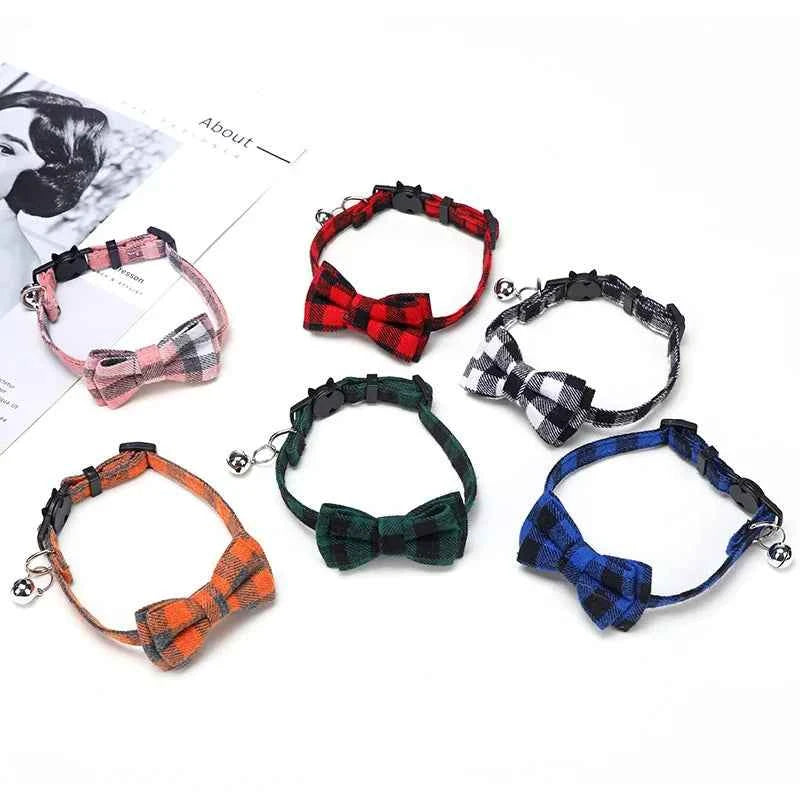 Pet Breakaway Cat Collar Bow Tie and Bell Cute Plaid Christmas Red Elastic Adjustable Dog Collar With Sash Small Bell For Cats