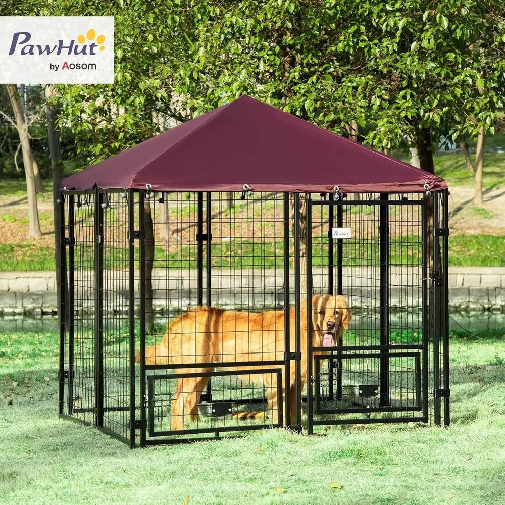 Outdoor Dog Kennel, 4.6x4.6x5 Feet, Rotating Bowls, Waterproof & UV-Resistant Cover, Suitable for S&M Breeds, Poultry