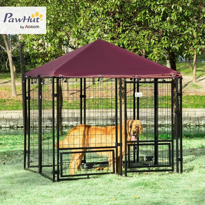 Outdoor Dog Kennel, 4.6x4.6x5 Feet, Rotating Bowls, Waterproof & UV-Resistant Cover, Suitable for S&M Breeds, Poultry