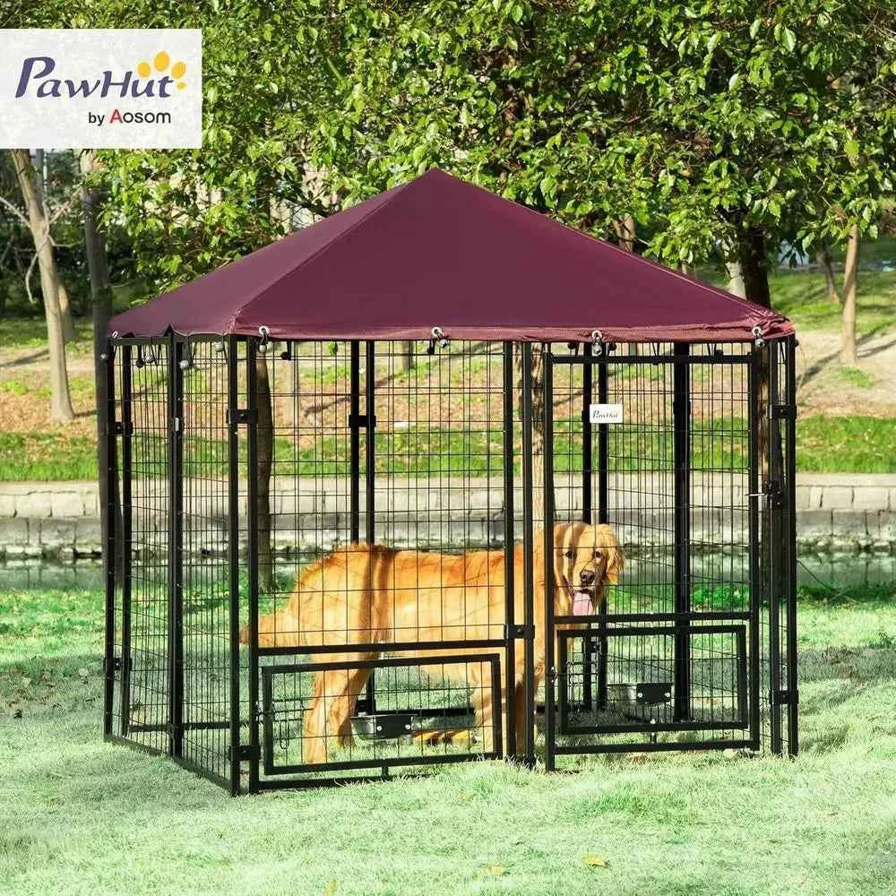 Outdoor Dog Kennel, 4.6x4.6x5 Feet, Rotating Bowls, Waterproof & UV-Resistant Cover, Suitable for S&M Breeds, Poultry