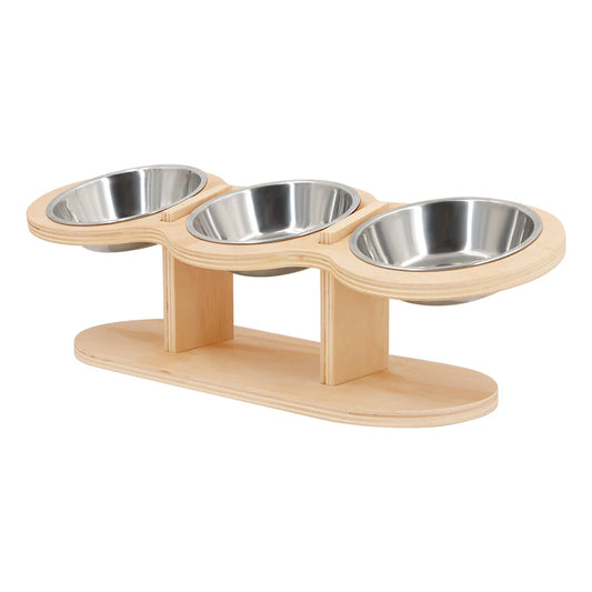 Cat 3 Bowls in 1 Feeder Feeding & Watering Supplies Food Bowl 15-Degree Tilt Raised Puppy 3 Stainless Steel Bowls Wood Brackets - Bdba PK
