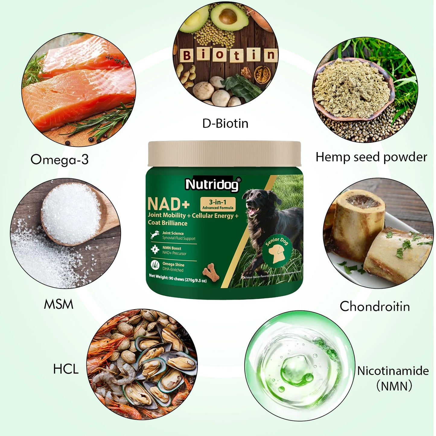 NUTRIDOG Senior Dog Vitamins Chews NAD Joint Mobility Cellular Energy Coat Brilliance Support for 3-In-1 Dogs Soft Chews
