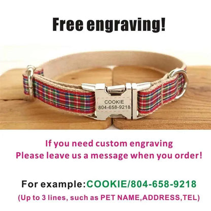 Free Engraving Personalized Dog Collar Matching Leashes Customzied Contacts Adjustable Red Plaid Pet Collar