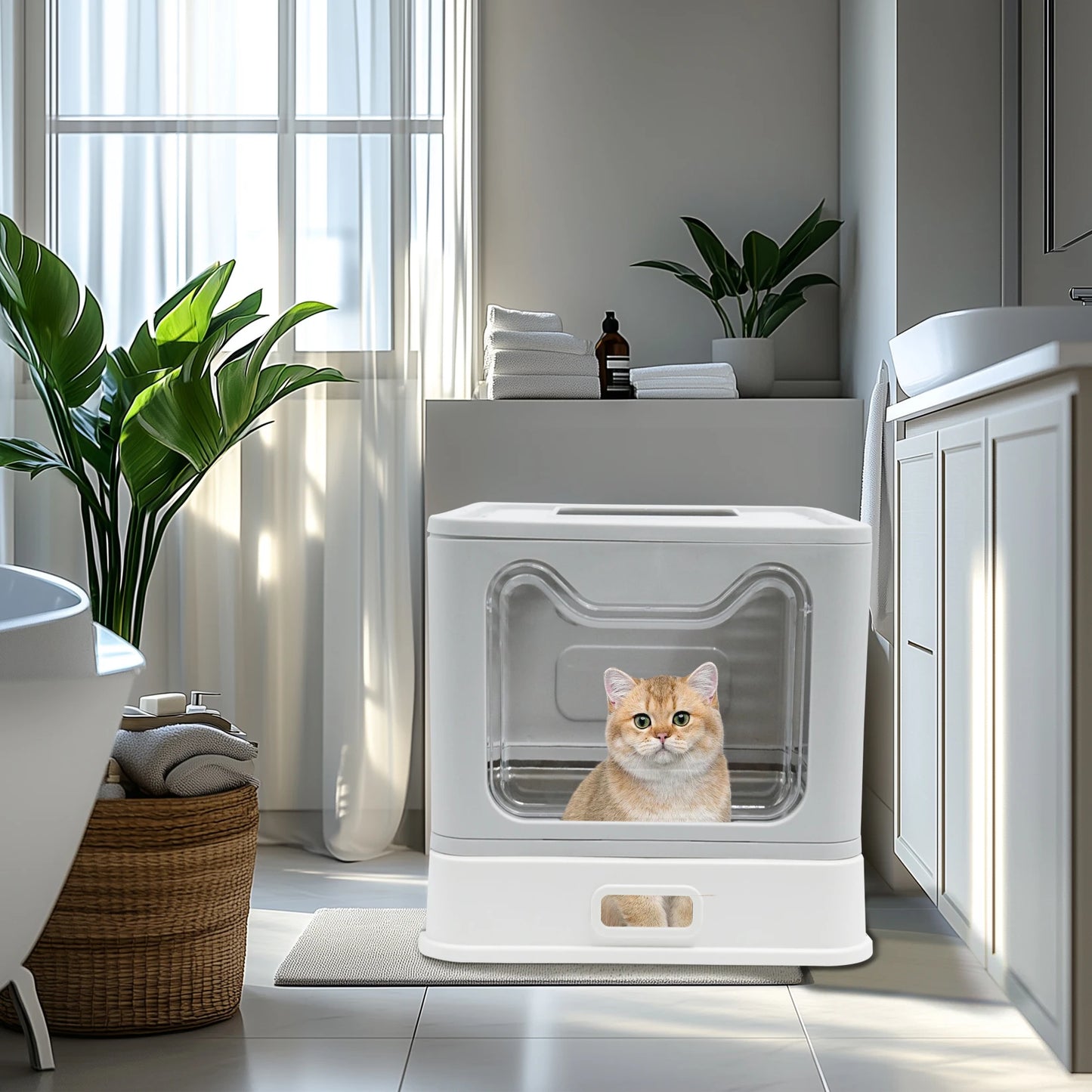 Bingopaw Stainless Steel Cat Litter Box with Lid Front Entry and Top Exit Toilet Box with Litter Scoop for Kittens,Easy Cleaning