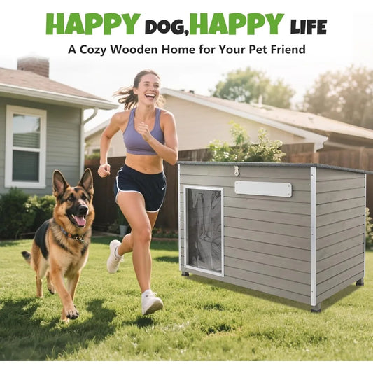 XL Weatherproof Wooden Dog House – Adjustable Vent Windows, Chew-Resistant Frame & Removable Floor - Bdba PK