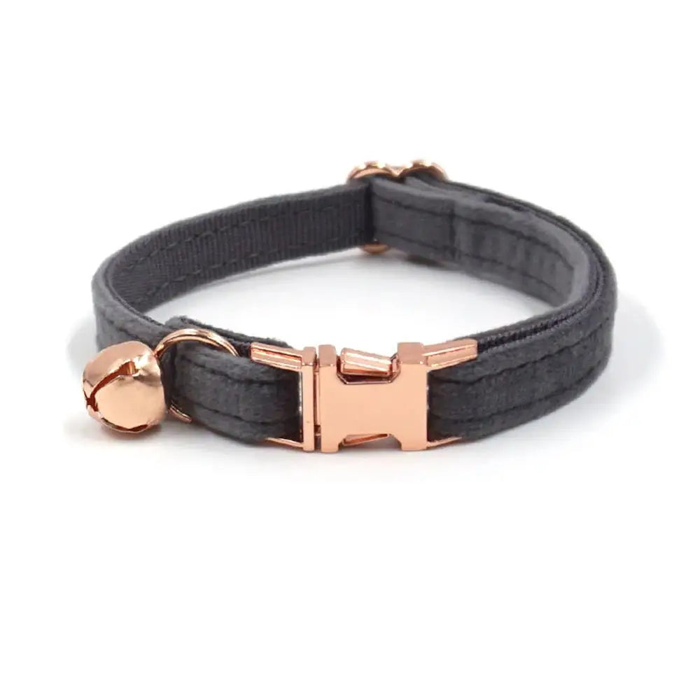 Personalized Cat Collar with Bell, Customized Nameplate, Adjustable ID Metal Buckle, Black and Grey Velvet Cat Collars with Bell