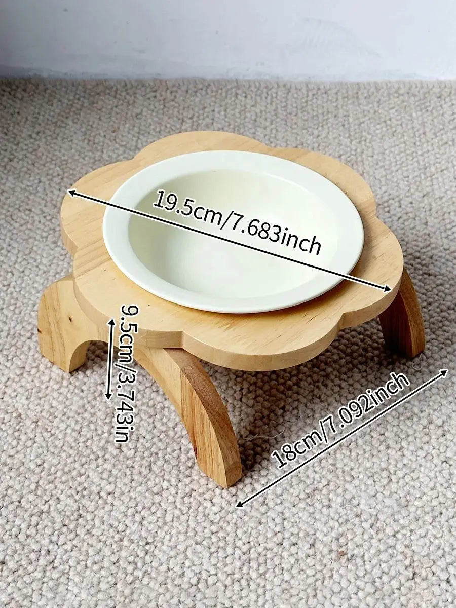 Pet Ceramic Bowl/Stainless Steel Bowl and Wooden Bowl Stand Set, Cat Bowl with Slightly Tilted Stand, Cat and Dog Supplies