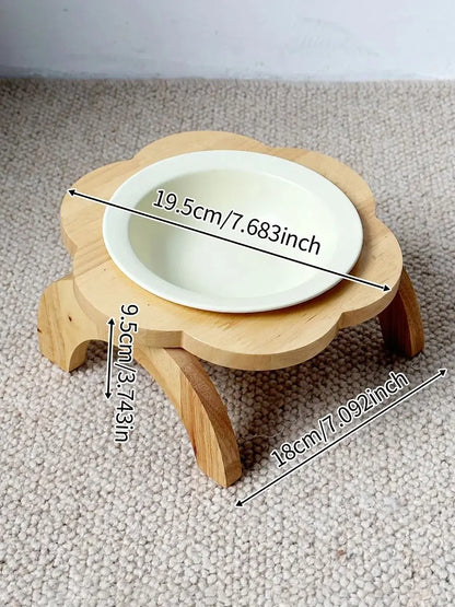 Pet Ceramic Bowl/Stainless Steel Bowl and Wooden Bowl Stand Set, Cat Bowl with Slightly Tilted Stand, Cat and Dog Supplies