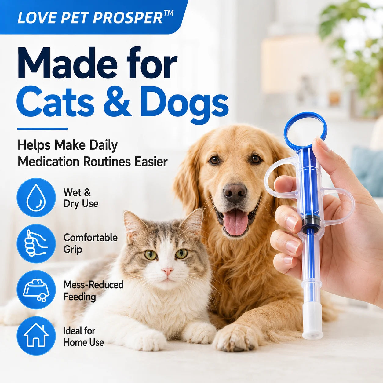 LOVE PET PROSPER Pet Pill Feeder for Dogs & Cats, Reusable Pet Medicine Syringe with 2 Soft Silicone Tips, Easy Pill Dispenser for Tablets, Capsules & Liquids, Mess-Free Oral Medication Feeding Tool