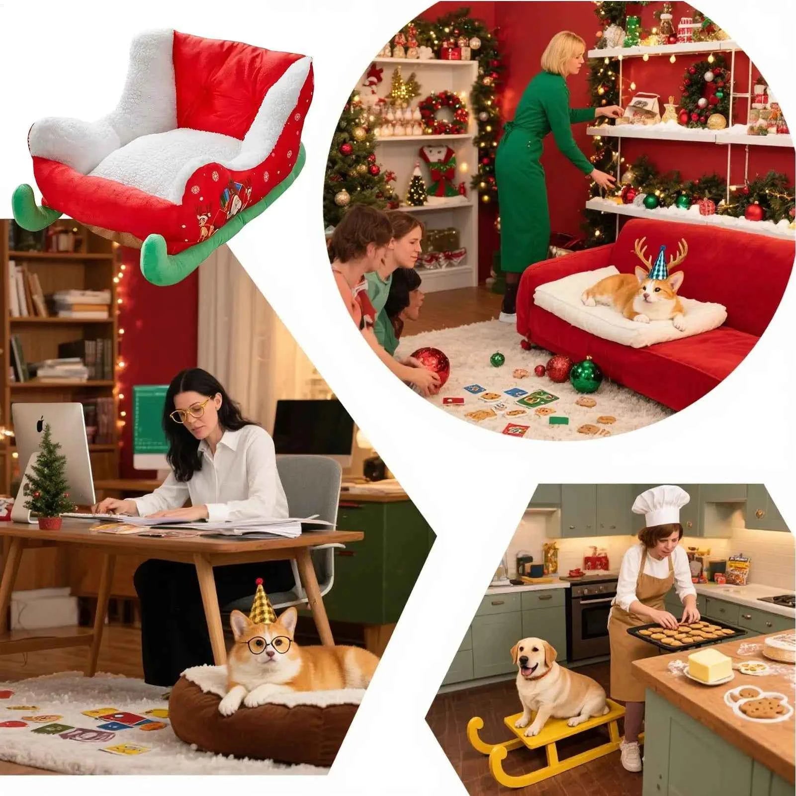 Christmas Sleigh Dog Bed Festive Plush Cozy Nest Insulated Winter Accessories Dog Houses Supplies Habitats Basket House Beds