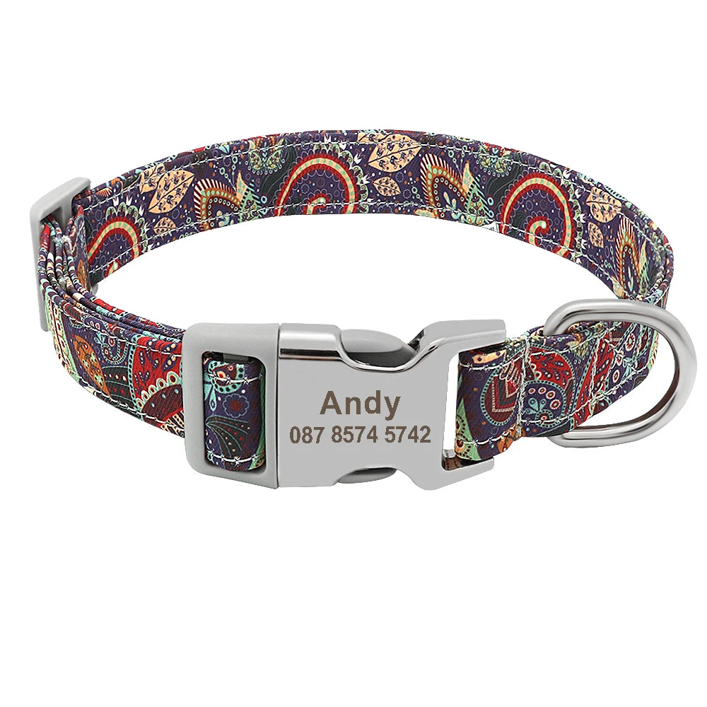 Personalized Engraved Dog Collar Nylon Floral Pet Puppy Collar Print Custom Pet Necklace for Small Medium Large Dogs Pitbull Pug