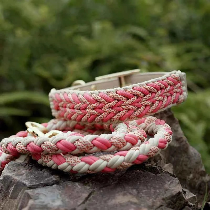Hand-Knitted Leather Pet Collar Leash Set Multi-Colored Stripe Dog Collar Soft Adjustable Braided Dog Collar with Metal Buckle