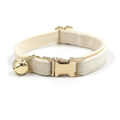 Personalized Cat Collar with Bell, Customized Nameplate, ID Metal Buckle, Adjustable Cream White Velvet Cat Collars with Bell