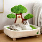 2-in-1 Cat Bed & Scratch Board Combo, Pine Tree Design Pet Furniture with Removable Washable Cushion, All-Season Warm Nest