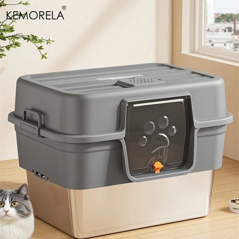 XL Enclosed Cat Litter Box with Stainless Steel Base, Odor Control & Anti-Splash, Easy Clean Removable Top for Large Breed Cats