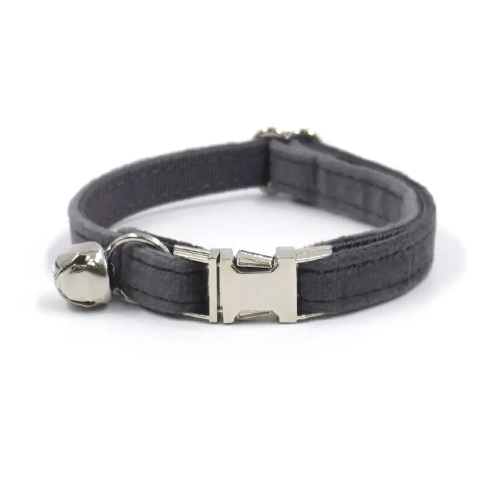 Personalized Cat Collar with Bell, Customized Nameplate, Adjustable ID Metal Buckle, Black and Grey Velvet Cat Collars with Bell