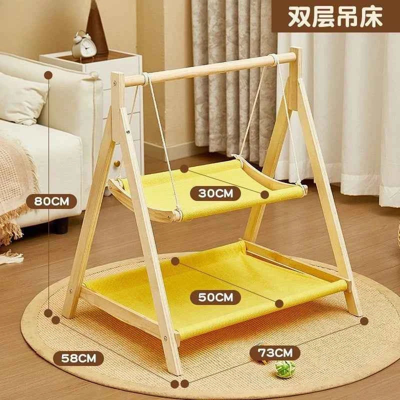 Double Layer Cat Hammock Bed with Wooden Frame All Season Pet Swing for Cats