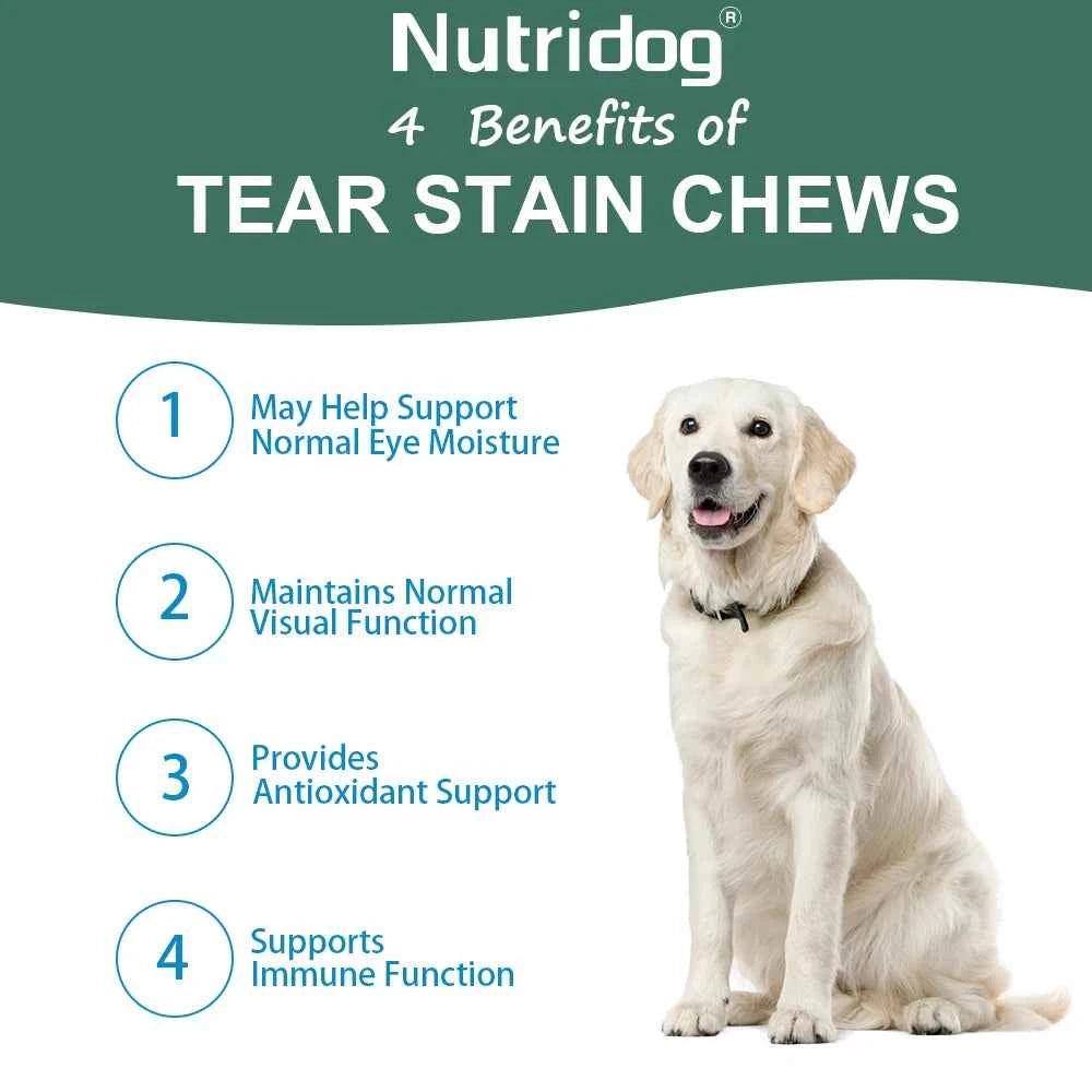 NUTRIDOG Dog Tear Stain Chews Cranberry Vitamins Omega-3 Improve Tear Stains Support Eye Health 120 PCS/Bottle