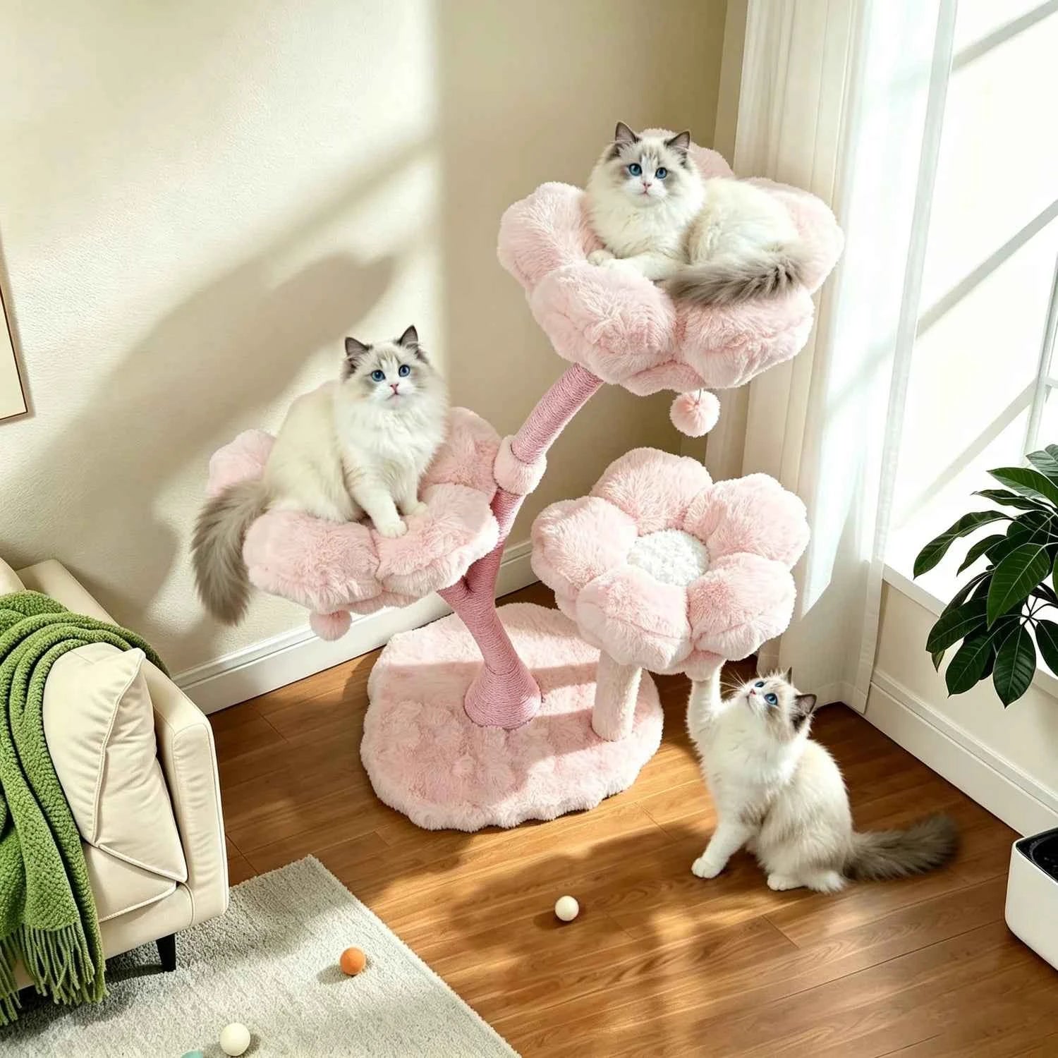 105cm Tall Cat Tree Pink Vertical Cat Tower Activity Center for Cats Cushioned Flower Platforms, Dangling Ball Scratching Posts Pet House Furniture