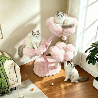 105cm Tall Cat Tree Pink Vertical Cat Tower Activity Center for Cats Cushioned Flower Platforms, Dangling Ball Scratching Posts Pet House Furniture
