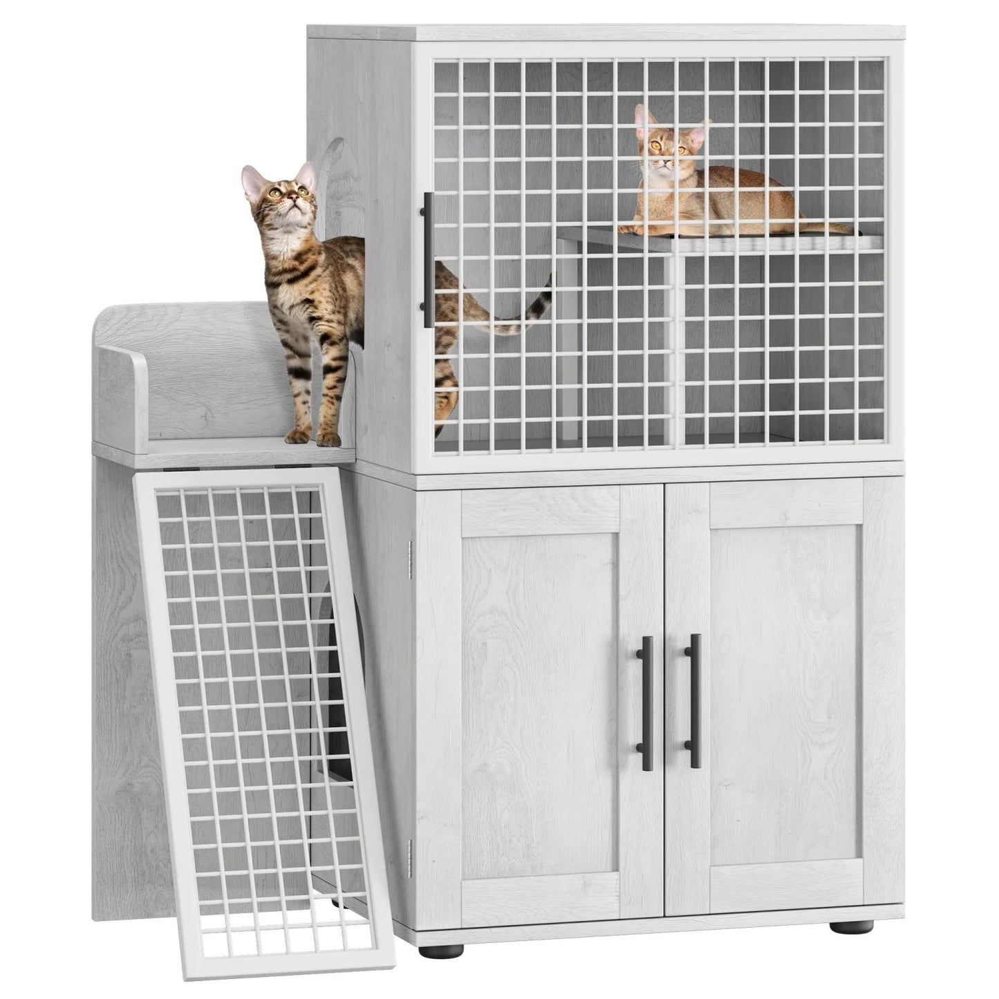HiMISS Cat Litter Box Enclosure with Platform – Double Layer Hidden Furniture Washroom with Ladder - Bdba PK
