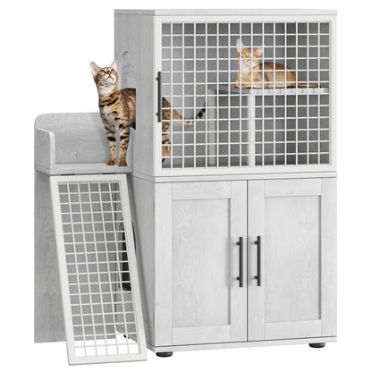 HiMISS Cat Litter Box Enclosure with Platform – Double Layer Hidden Furniture Washroom with Ladder - Bdba PK