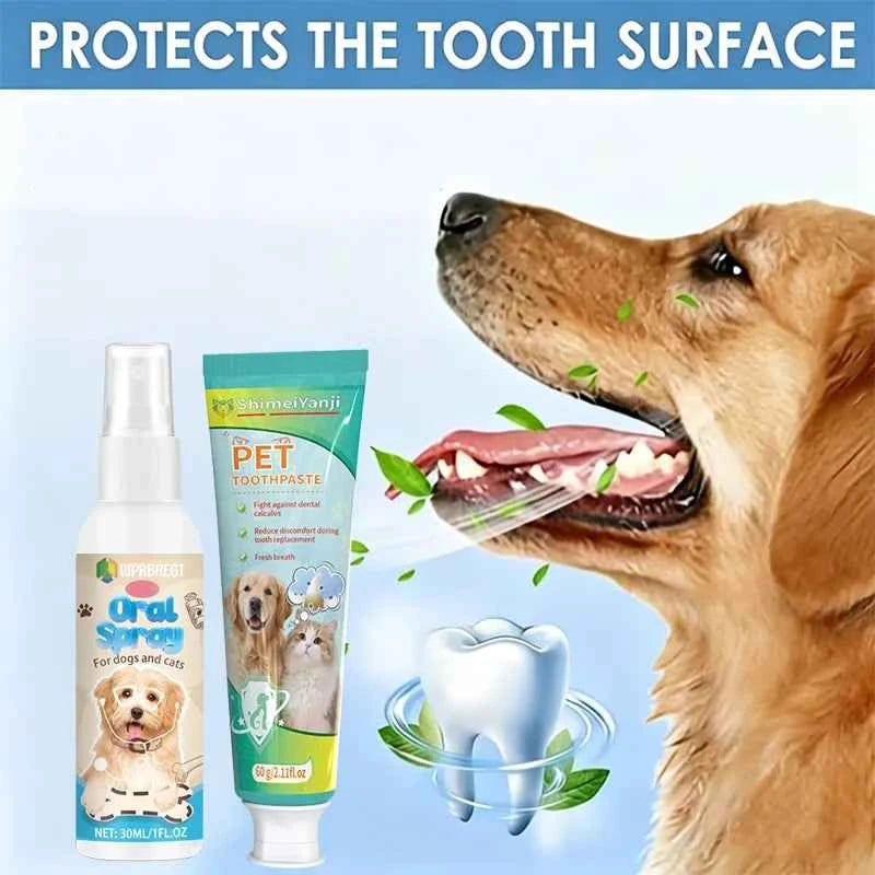 Pet cleaning toothpaste and mouth spray, suitable for cats and dogs, removes tartar, cleans pet teeth, easy to use.