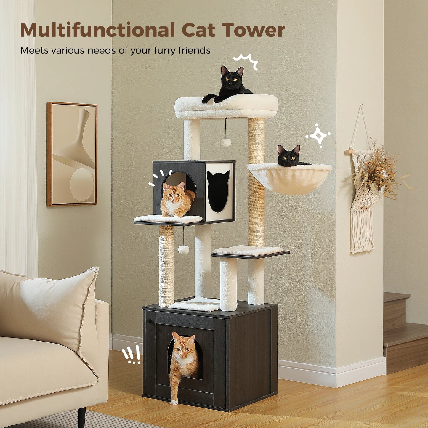 Wood Cat Tree with Storage Cabinet Sisal Scratching Posts Cozy Condo Hammock Dangling Balls Large Cat Tower for Indoor Pet Furniture Cat Toys