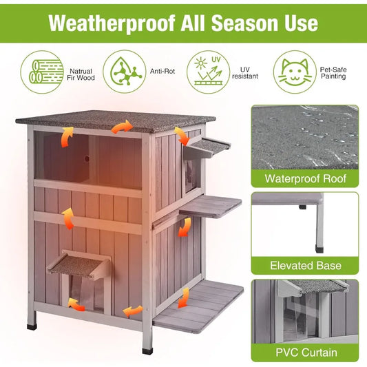 Heated 2-Story Outdoor Cat House – Insulated Liner Weatherproof Wooden Feral Shelter with Wind Guard - Bdba PK