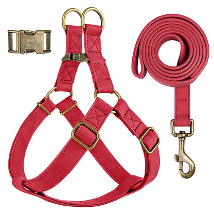 Free Personalized Dog Harness Leash Set PU Leather Dogs Harness Engraved ID Buckle Necklace for Small Medium Large Dogs Pitbull