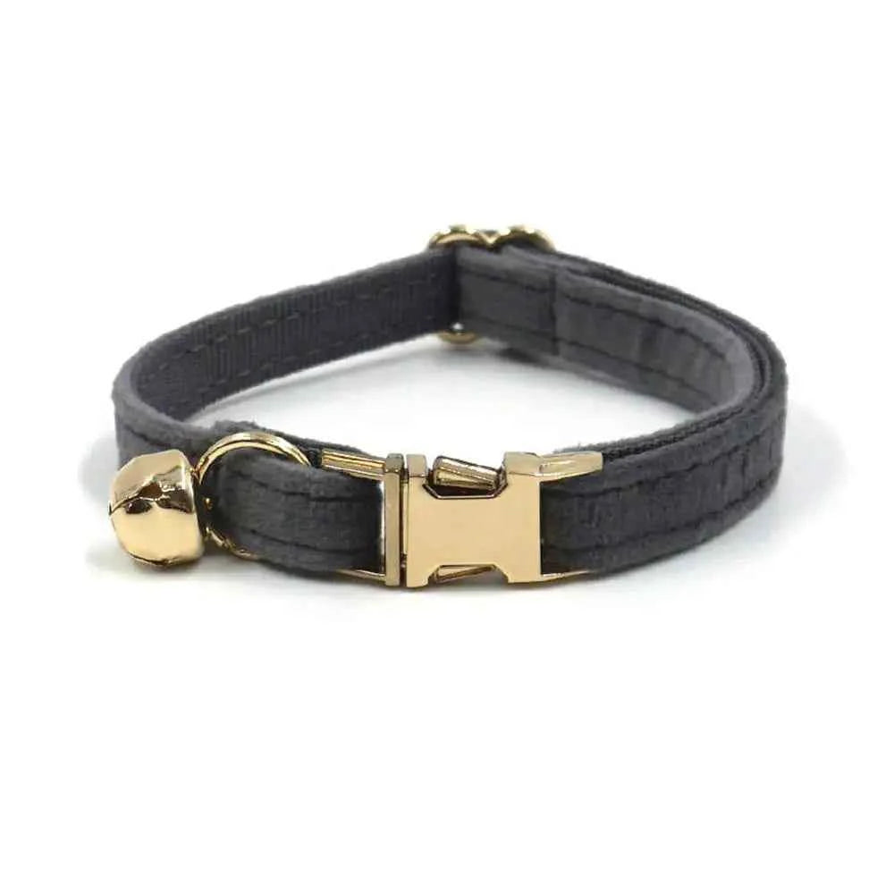 Personalized Cat Collar with Bell, Customized Nameplate, Adjustable ID Metal Buckle, Black and Grey Velvet Cat Collars with Bell