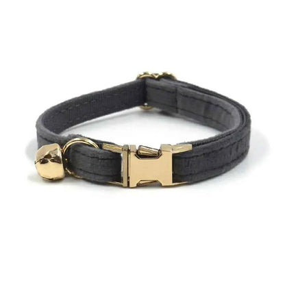 Personalized Cat Collar with Bell, Customized Nameplate, Adjustable ID Metal Buckle, Black and Grey Velvet Cat Collars with Bell
