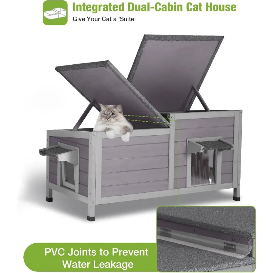 Weatherproof Large Outdoor Cat House – Openable Roof Feral Cat Shelter with Elevated Base & PVC Door - Bdba PK