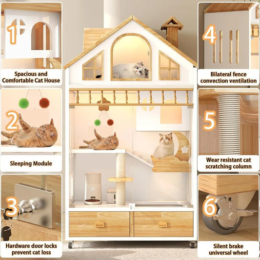 Enclosed Cat Condo, Large Wooden Cats House Indoor Cage Cat Enclosure on Wheels, Multi-Feature Enclosed Condo with Litter Box - Bdba PK