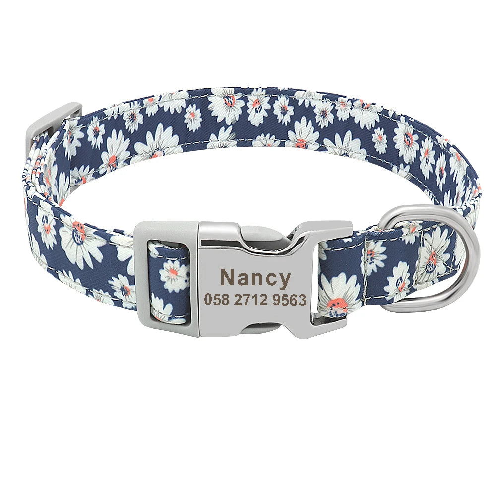 Personalized Engraved Dog Collar Nylon Floral Pet Puppy Collar Print Custom Pet Necklace for Small Medium Large Dogs Pitbull Pug