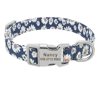 Personalized Engraved Dog Collar Nylon Floral Pet Puppy Collar Print Custom Pet Necklace for Small Medium Large Dogs Pitbull Pug
