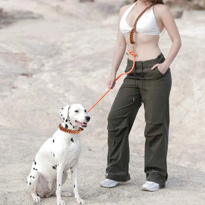 Brown Leather Dog Collar And Leashes Suit Woven Patterns Beautiful Durable Nylon Orange Colors Rope Hand Free Design 2026 New