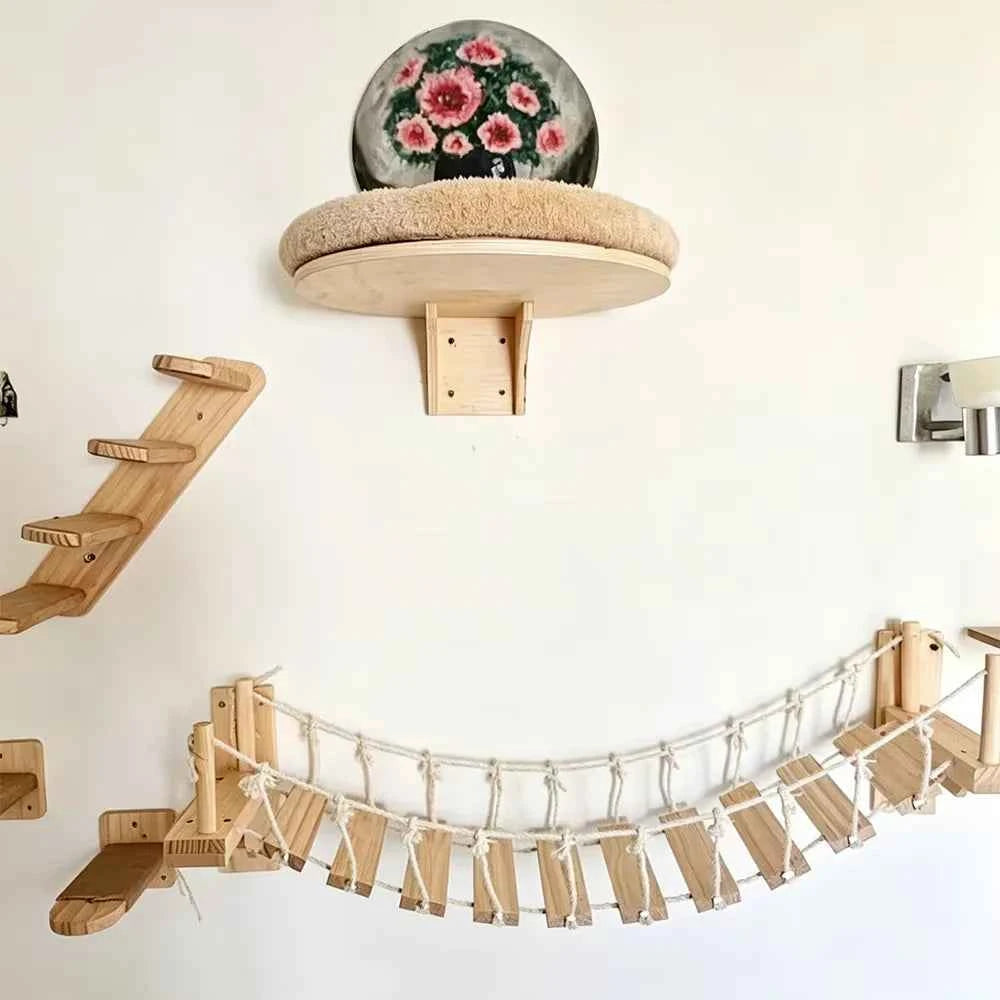 39.4In Wall-mounted Cat Roped Bridge for Indoor Cats Steps with Sisal Wall Wooden Furniture for Sleeping Playing Climbing