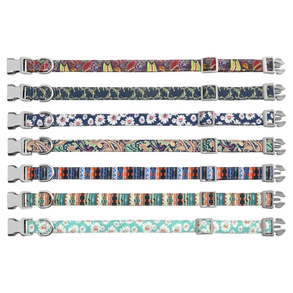 Personalized Engraved Dog Collar Nylon Floral Pet Puppy Collar Print Custom Pet Necklace for Small Medium Large Dogs Pitbull Pug