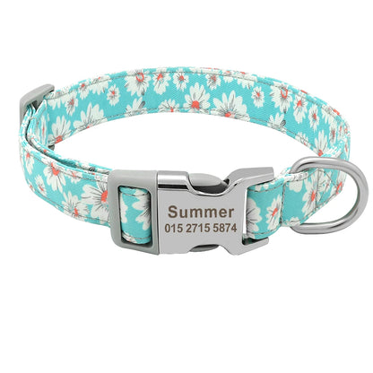 Personalized Engraved Dog Collar Nylon Floral Pet Puppy Collar Print Custom Pet Necklace for Small Medium Large Dogs Pitbull Pug