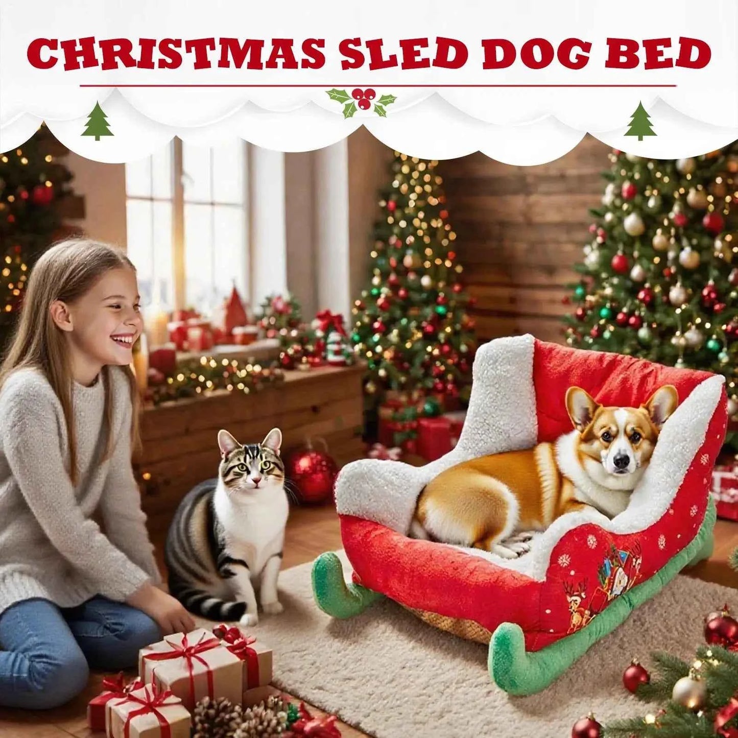 Christmas Sleigh Dog Bed Festive Plush Cozy Nest Insulated Winter Accessories Dog Houses Supplies Habitats Basket House Beds