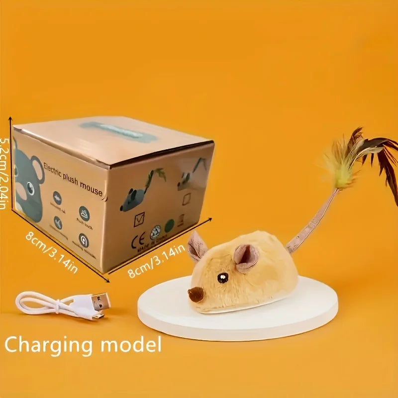 Interactive plush cat toy with sound and LED lighting, USB rechargeable, automatic mouse movement