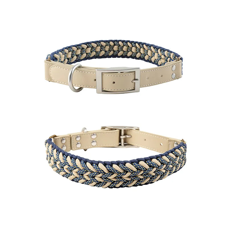 Hand-Knitted Leather Pet Collar Leash Set Multi-Colored Stripe Dog Collar Soft Adjustable Braided Dog Collar with Metal Buckle