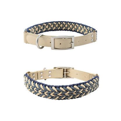 Hand-Knitted Leather Pet Collar Leash Set Multi-Colored Stripe Dog Collar Soft Adjustable Braided Dog Collar with Metal Buckle