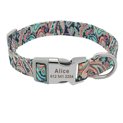 Personalized Engraved Dog Collar Nylon Floral Pet Puppy Collar Print Custom Pet Necklace for Small Medium Large Dogs Pitbull Pug